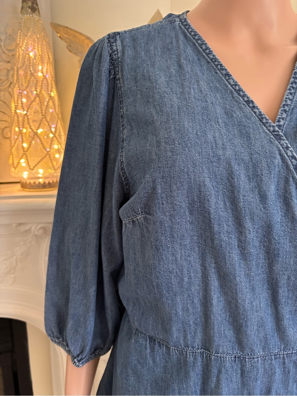 Denim Blue Wrap Ruffle Mini Dress with Puff Sleeves - Picture 5 of 14